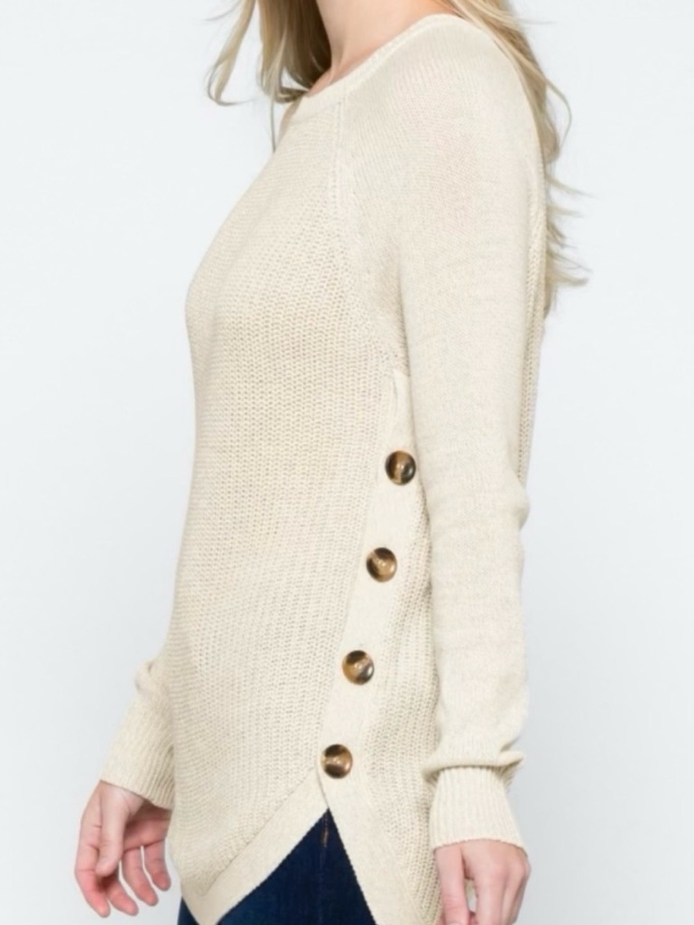 RD Style Cream Side-Button Crewneck Sweater